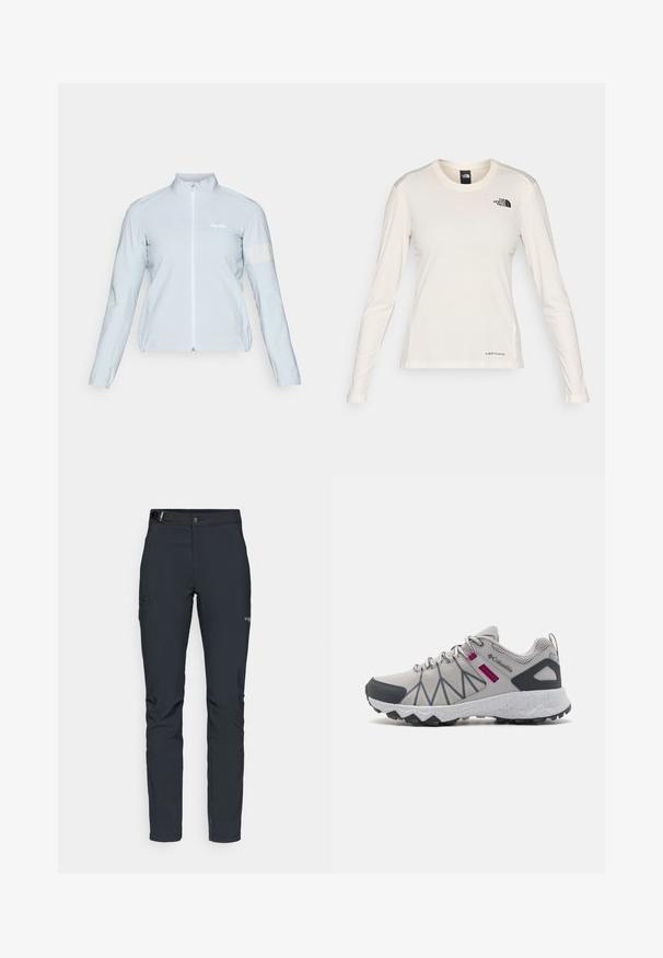 Light blue cycling jacket, full zip, high collar, long sleeves, elastic cuffs, reflective strip on left arm, smooth, lightweight fabric.; The North Face SHADOW LONG SLEEVE - Long sleeved top - white dune; Men's outdoor pants, dark gray, made from flexible material, featuring a belt, zippered pockets, and reinforced stitching.; Gray mesh athletic shoe with pink accents, gray rubber toe cap, and a textured outsole. Features contrasting triangular patterns on the side.