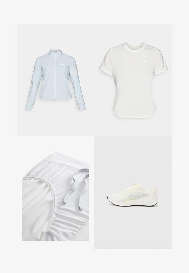 Hele sinine jalgrattajope, täispikk tõmblukk, kõrge kaelus, pikad varrukad, elastsed mansetid, peegelduv riba vasakul varrukal, sujuv, kerge kangas.; Nike T-särk valgetes toonides, lühikeste varrukatega, ümar kaelus, valmistatud siledast ja kergest kangast. Rinnal on peene logo.; Valged sportlikud lühikesed püksid tekstureeritud vööosaga, kogutud külgedetailidega ja lameda tõmblukuga. Pehme kangas siledast viimistlusest.; Nike Performance DOWNSHIFTER 13 - Maanteejooksu jalatsid - sail/silver-coloured photon dust/summit white/barely volt/black