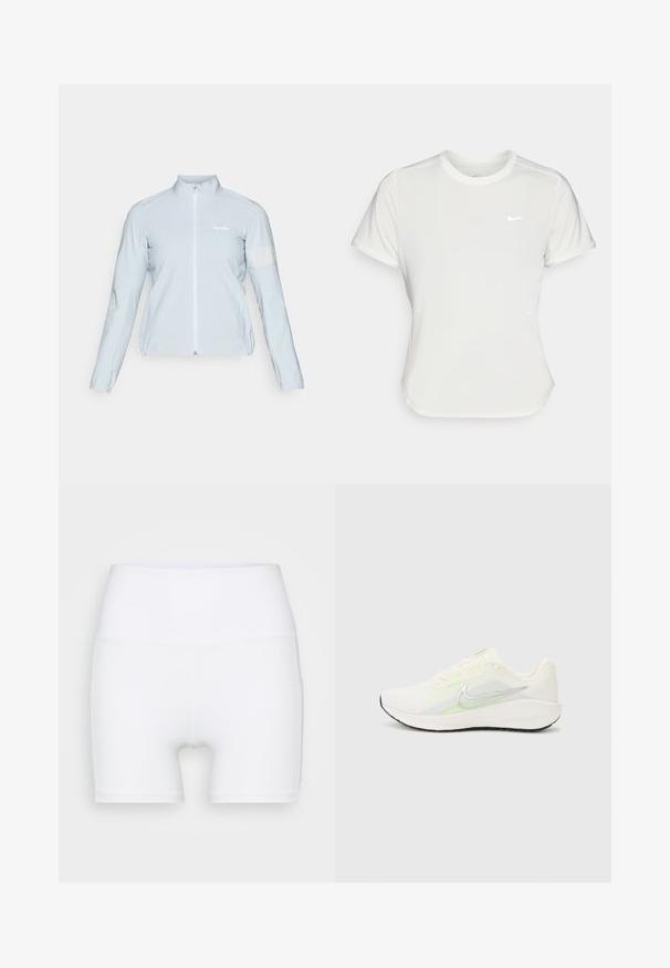Ljusblå cykeljacka, hel dragkedja, hög krage, långa ärmar, elastiska manschetter, reflexremsa på vänster arm, slätt, lätt tyg.; Nike T-shirt i vitt, kortärmad, rund halsringning, tillverkad av ett mjukt, lätt material. Har en diskret logotyp på bröstet.; Vita högmidjade shorts i stretchtyg. Har en jämn yta och en åtsittande design, utan ytterligare mönster eller detaljer.; Nike Performance DOWNSHIFTER 13 - Väglöparskor - sail/silver-coloured photon dust/summit white/barely volt/black