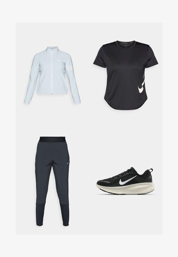 Hellblaues Fahrradjacke, mit durchgehendem Reißverschluss, hohem Kragen, langen Ärmeln, elastischen Bündchen, reflektierendem Streifen am linken Arm, aus glattem, leichtem Stoff.; Schwarzes sportliches T-Shirt mit kurzen Ärmeln, das ein weißes Nike-Swoosh-Logo an der Unterseite und einen abgerundeten Saum aufweist.; Dunkle graue Nike Sporthosen mit einem schmal zulaufenden Bein-Design, elastischem Bund und Akzentdetails in der Nähe der Bündchen.; Schwarzer Nike-Laufschuh mit atmungsaktivem Mesh-Obermaterial, weißem Swoosh-Logo, strukturierten Details und einer cremefarbenen ZoomX-Zwischensohle.
