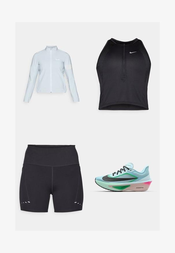 Svjetloplavi biciklistički jakna, pun zip, visoki ovratnik, duge rukave, elastične manžete, reflektirajući trak na lijevoj ruci, glatka, lagana tkanina.; Črn atletski kratki top z zadrgo spredaj, mrežastimi dodatki in prilegajočim dizajnom. Narejen iz raztegljivega, zračnega materiala. Logotip Nike spredaj.; Črne športne kratke hlače z gladko teksturo, visokim pasom in kontrastnimi belimi detajli na straneh. Narejene iz raztegljivega, zračnega materiala.; Svetlo modra tekaška čevlja z teksturirano črno mrežico na zgornjem delu, zelenimi akcenti, srednjim delom v rožnati barvi in gumo na podplatu. Ima vezalke in blagovno znamko.