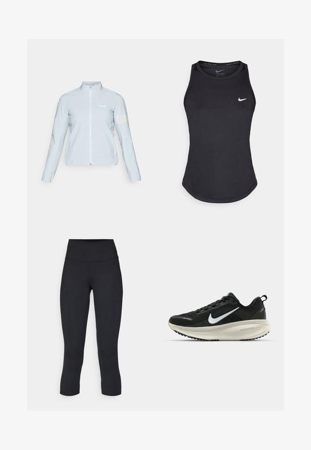 Svijetloplava biciklistička jakna, puni zip, visoki ovratnik, dugi rukavi, elastične manžetne, reflektirajuća traka na lijevom rukavu, glatka, lagana tkanina.; Crni atletski top bez rukava izrađen od materijala koji upija vlagu. Ima okrugli izrez, uski kroj i bijeli Nike logo na prsima.; Crne skraćene tajice od rastezljivog materijala, s visokim strukom i glatkom teksturom, bez vidljivih uzoraka ili dodataka.; Crne Nike trkačke tenisice s prozračnom mrežastom gornjom konstrukcijom, bijelim swoosh logotipom, teksturiranim detaljima i kremastom ZoomX srednjom potplatnom jedinicom.