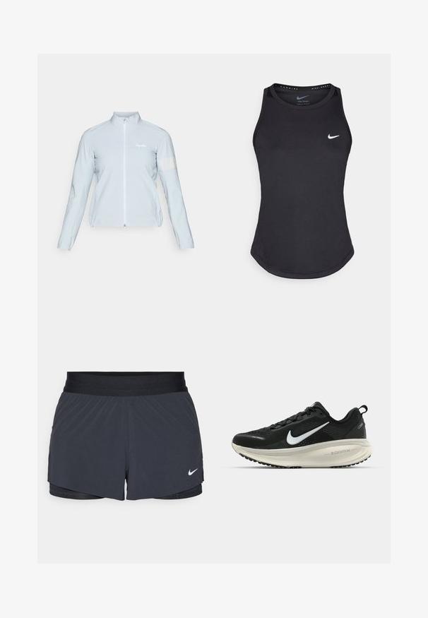 Hellblaues Fahrradjacke, mit durchgehendem Reißverschluss, hohem Kragen, langen Ärmeln, elastischen Bündchen, reflektierendem Streifen am linken Arm, aus glattem, leichtem Stoff.; Schwarzes Sporttanktop aus feuchtigkeitsableitendem Material. Mit Rundhalsausschnitt, enger Passform und weißem Nike-Logo auf der Brust.; Schwarze Sportshorts mit elastischem Bund, ausgestattet mit einem geschichteten Design und einem kleinen weißen Nike-Logo unten links. Leichtes Material.; Schwarzer Nike-Laufschuh mit atmungsaktivem Mesh-Obermaterial, weißem Swoosh-Logo, strukturierten Details und einer cremefarbenen ZoomX-Zwischensohle.