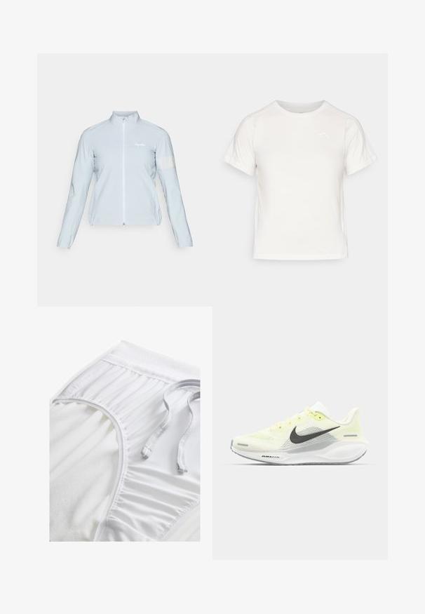 Jasnoniebieska kurtka rowerowa, z pełnym zamkiem, wysoki kołnierz, długie rękawy, elastyczne mankiety, odblaskowy pasek na lewym ramieniu, gładki, lekki materiał.; Lekka biała koszulka z krótkim rękawem, okrągłym dekoltem i małym logo w lewym górnym rogu. Gładki materiał o subtelnej połysku.; Białe sportowe szorty z teksturowanym pasem, detalami z boku i płaskim sznurkiem do regulacji. Miękka tkanina o gładkim wykończeniu.; Biegi Nike z lekką żółtą i białą siateczką cholewy, szarymi akcentami i elastyczną gumową podeszwą. Posiada klasyczne sznurowanie.