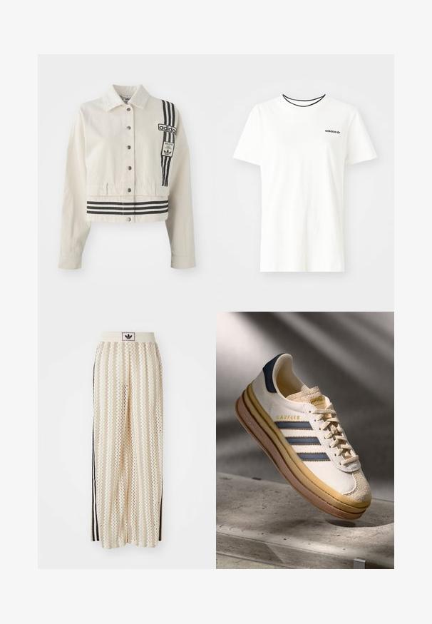 Casaco cropped em tom de creme com detalhes em stripe preto, botões de pressão metálicos e um destacado patch de logo no lado esquerdo do peito. Design estruturado.; T-shirt de algodão branca com mangas curtas e decote redondo. Apresenta um logo preto da Adidas no peito e uma gola interna preta em contraste.; Calças largas de cor creme com um padrão em zigzag, apresentando uma cintura com logotipo preto e riscas laterais pretas. Tecido leve e texturizado.; Sapatilha Adidas Gazelle com parte superior em camurça creme, detalhes em couro azul, três riscas azuis, entresola bege e sola de borracha castanha.