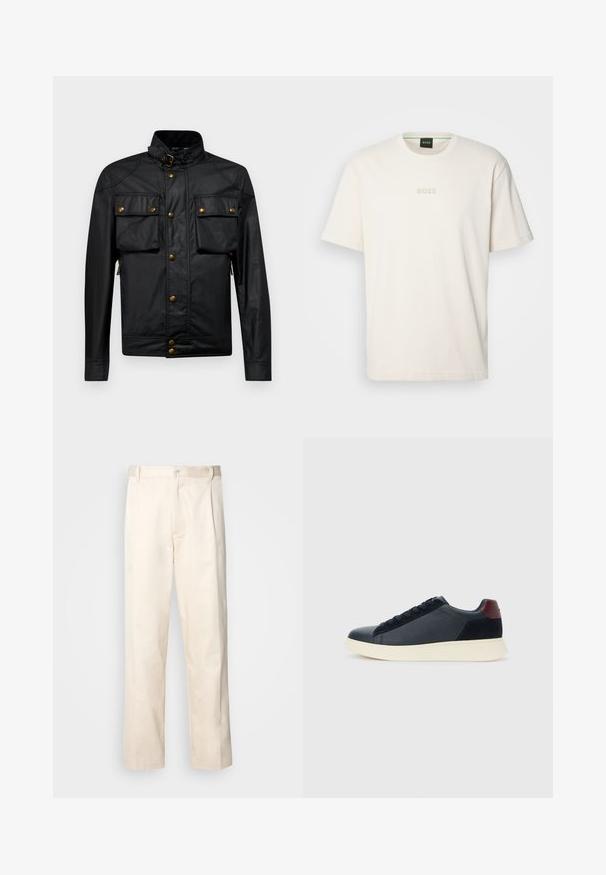 Črna bombažna jakna z visokim ovratnikom, dvema prsoma žepe in gumbi z zlatim tonom. Ima eleganten, prilegajoč se dizajn in zadrge.; BOSS TEE - Navadna majica - open white; Bež cottone hlače s ravnim krojem, ki imajo gumbasto zapiranje in nabore spredaj za dodatne detajle.; Nizke moške tenisice iz črnega usnja in semiša z vijoličnim petnim delom in belim gumijastim podplatom, prikazane s sprednje strani.