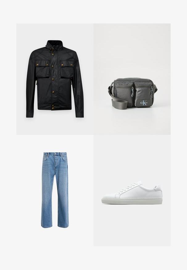 Black cotton jacket with a high collar, two chest pockets, and gold-tone buttons. Features a sleek, fitted design and zipper accents.; Long-sleeve, mock-neck shirt in light cream cotton. Smooth texture, relaxed fit, minimalist design, no visible patterns or accents.; Light blue denim jeans with a straight-leg design, five pockets, button closure, minimal fading, and contrasting stitching details.; White sneaker with a smooth leather upper and a low profile. Features a rounded toe, six eyelets, and a textured rubber sole.; Gray nylon crossbody bag with two zippered front pockets, adjustable strap, and logo accent. Smooth texture with a modern design.