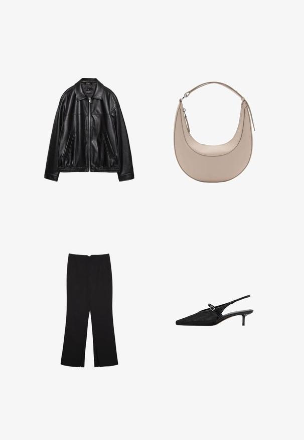 Črna usnjena jakna s ovratnikom, sprednjim zadrgo in dvema stranskima žepoma. Ima gladko teksturo in zbrane robove na pasu.; Črna majica s kratkimi rokavi iz mehkega materiala, z zaobljenim izrezom in razširjenim robom s subtilnim šivnim detajlom.; Črne hlače ravnega kroja z naglavnimi žepi in stranskimi razporki na robu. Narejene iz mehke, gladke tkanine. Primerne za različne priložnosti.; Črne slingback pete s koničastimi prsti, teksturirano mrežasto zgornje delo, ožji nastavljiv trak z vgraviranim sponko in 5 cm stiletto pete.; Bež usnjena torba za rame v obliki kružnice, z gladko teksturo in eno ukrivljeno zanko. Ima zadrgo in urejen šiv.