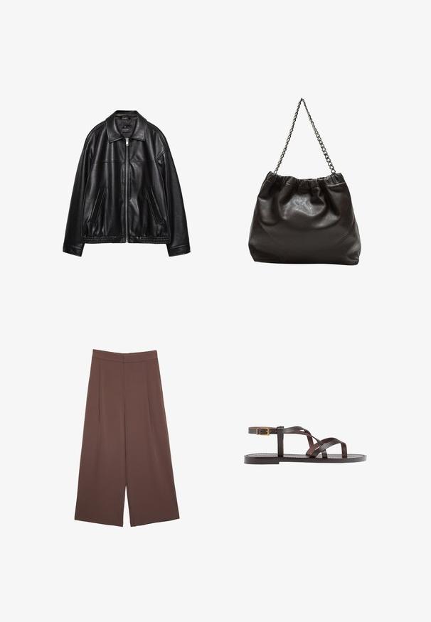 Giacca in pelle nera con collo a camicia, zip frontale e due tasche laterali. Presenta una texture liscia e un orlo arricciato in vita.; T-shirt in cotone marrone con maniche corte e scollo a V profondo. Design semplice, texture morbida e orlo dritto. Senza fantasie o dettagli.; Pantaloni ampi marroni con una texture liscia, caratterizzati da una vita alta e pieghe frontali. Il tessuto è leggero e scorre liberamente.; Sandal in pelle marrone con cinturini incrociati, chiusura con cinturino alla caviglia e suola piatta con dettagli di cucitura minimi.; Borsa in pelle marrone con parte superiore arricciata e tracolla a catena. Texture liscia con finitura lucida e dettagli di cucitura sottili sui lati.