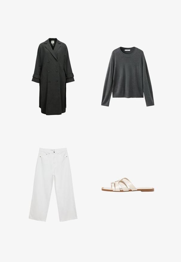 Szary podwójnie zapięty płaszcz wykonany z tkaniny wełnianej. Posiada szerokie klapy, luźny krój oraz rękawy z możliwością podwinięcia z przyciskami.; Szary dziany sweter z długimi rękawami, okrągłym dekoltem i luźnym krojem. Wykonany z miękkiego materiału o gładkiej fakturze i bez widocznych wzorów.; Białe spodnie dżinsowe w stylu szerokich nogawek z wysokim stanem, wyposażone w pięć kieszeni i metalowe akcenty. Gładka struktura, bez widocznych wzorów.; Płaskie sandały z brązową gumową podeszwą, zaprojektowane z trzema nakładającymi się na siebie białymi skórzanymi paskami i małym detalem w postaci kokardy na środku.