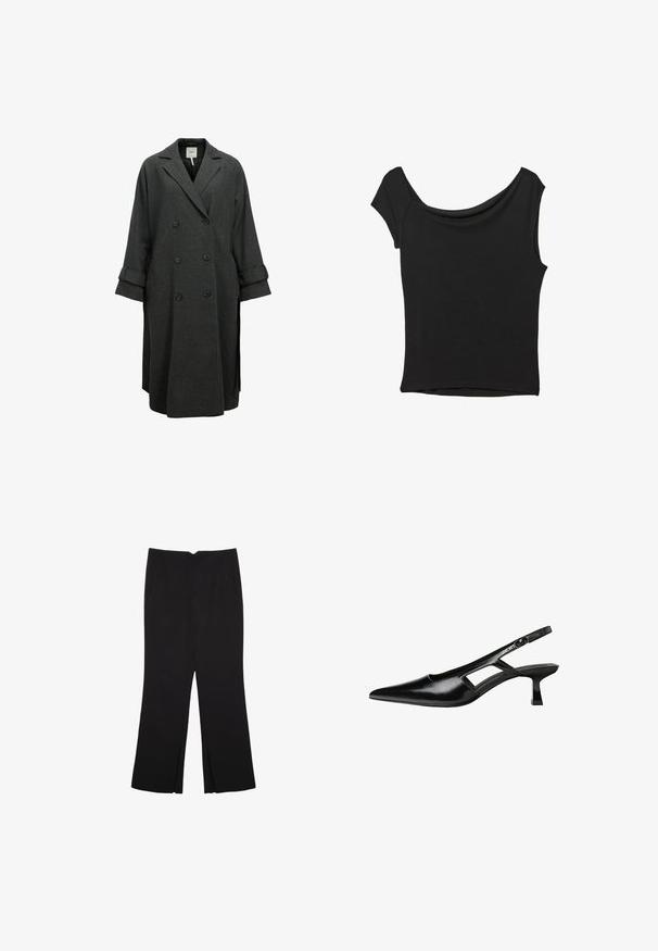 Grijze dubbelbreasted jas van wolmix. Heeft brede revers, een ontspannen pasvorm en opgerolde mouwen met knoopaccenten.; Zwart korte mouwen top gemaakt van een gladde stof; met een gedrapeerde halslijn en een asymmetrische zoom, met een getailleerd lijfje.; Zwarte broek met een rechte pasvorm, voorzien van zijzakken en plooien aan de onderzijde. Gemaakt van zachte, gladde stof. Geschikt voor verschillende gelegenheden.; Zwarte gepatineerde leren slingback hakken met een puntige neus, uitsparing aan de zijkant en een kleine vierkante hak. Gladde textuur met minimale accenten.