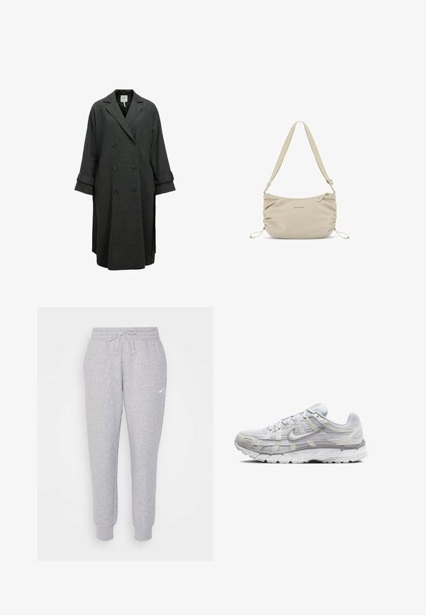 Grijze dubbelbreasted jas van wolmix. Heeft brede revers, een ontspannen pasvorm en opgerolde mouwen met knoopaccenten.; Witte, aansluitende T-shirt van katoen, met een ronde hals en korte mouwen, voorzien van een lichtblauw geborduurd logo aan de voorkant.; Lichtgrijze sweatpants met een trekkoord bij de taille, taps toelopende benen en een klein wit logo op de linkerdij. Gemaakt van een zachte, gestructureerde stof.; Lichtgrijze sportschoenen met een bovenwerk van mesh en synthetisch materiaal, voorzien van een vetersluiting, een gevoerd kraagje en een gestructureerde zool voor grip.; Beige nylon schoudertas met een zachte textuur, gerimpelde zijkanten en een verstelbare schouderriem. Voorzien van een ritsluiting en subtiele logo-opdruk.; Zilveren oorringen met een gladde, gepolijste oppervlakte en een dunne, ronde vorm. Het ontwerp heeft een veilige sluiting.