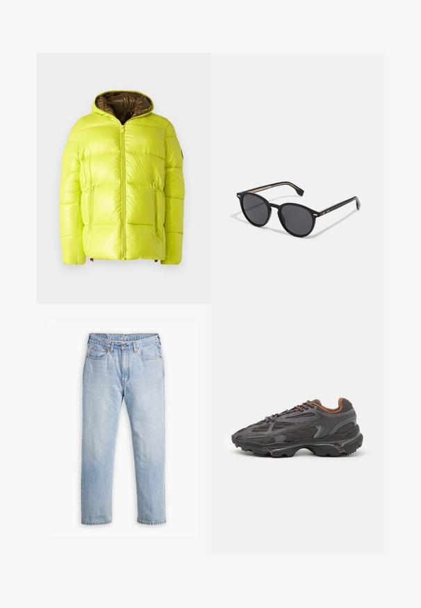 Save the duck EDGARD - Vinterjakker - lichen green; Sort letvægts sweater med halv-zip krave, ribbede manchetter og kant, med et lille grønt logo på brystet.; Lysblå denimjeans med lige bendesign, fem lomme stil og kontrastsyet. Knap- og lynlåslukning i taljen.; Lacoste sneakers i mørkegrå med mesh og syntetisk materiale, udstyret med en tekstureret sål og brune accenter på kraven og brandingen.; BOSS Solbriller - black