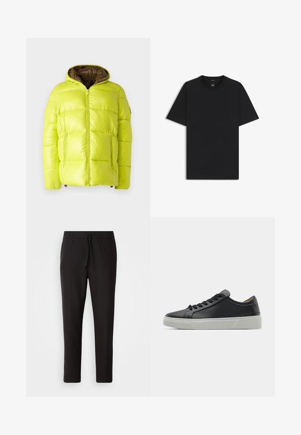 Save the duck EDGARD - Winterjacke - lichen green; Schwarz T-Shirt mit kurzen Ärmeln aus einem glatten Baumwollmix, mit Rundhalsausschnitt und einem minimalistischen Design ohne Muster oder Akzente.; Schwarze Jogginghose aus glattem Stoff. Mit einem elastischen Bund und Kordelzug, schmal zulaufenden Beinen und ohne sichtbare Taschen. Einfaches Design.; Schwarze Ledersneaker mit glatter Textur, runder Zehenform und schwarzen Schnürsenkeln. Verfügt über eine dicke, weiße Gummisohle mit subtilen geometrischen Akzenten.