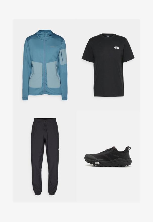 Blå jacka med huva, tillverkad av ett lätt material, med dragkedjefickor, kontrasterande paneler och präglad logotyp på bröstet.; Svart bomull t-shirt med kort ärm, rund halsringning och en liten vit logga på vänster bröst. Enkelt design, mjuk textur och avslappnad passform.; Svarta träningsbyxor tillverkade av lättviktsmaterial, med dragsko i midjan, sidofickor och avsmalnande muddar vid anklarna.; Svart terränglöparsko med en strukturerad ovandel, gummisula och förstärkt tåhätta. Har en vadderad krage och en dragflik för enkel påtagning.