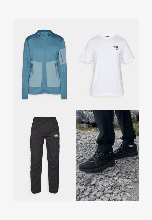 Chaqueta azul con capucha, con un tejido ligero, bolsillos con cremallera, paneles en contraste y logo en relieve en el pecho.; The North Face EXPLORE CARABINER RELAXED TEE UNISEX - Camiseta estampada - white; Pantalones cargo negros hechos de tejido ligero. Con bolsillos laterales con cremallera y un logo en el muslo izquierdo. Diseño de pierna recta.; Zapatos exteriores negros con malla y material sintético, que presentan un upper texturizado, un sistema de cordones seguro y una suela robusta, sobre terreno rocoso.
