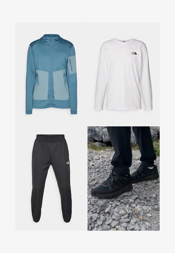 Blue jacket with a hood, featuring a lightweight fabric, zippered pockets, contrasting panels, and embossed logo on the chest.; White long-sleeve T-shirt made of cotton with a crew neck. Features a small black logo on the chest. Smooth texture, regular fit.; Black sweatpants with a drawstring waist, tapered fit, elastic cuffs, and a small white logo on the left thigh, made from smooth fabric.; Black outdoor shoes with mesh and synthetic material, featuring a textured upper, secured lacing system, and a rugged outsole, on rocky terrain.