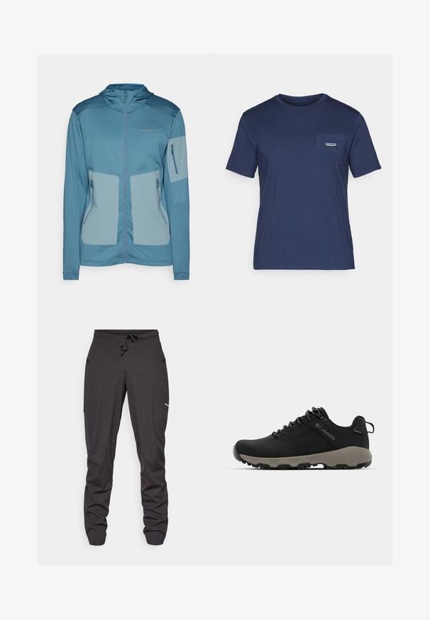 Kék kapucnis dzseki, könnyű anyagból készült, cipzáras zsebekkel, kontrasztos panelekben és domború logóval a mellkason.; Sötétkék pamut póló rövid ujjakkal, kerek nyakkivágással és egy mellzsebbel, amelyen egy kis logó folt található. Puha tapintás, klasszikus fazon.; Fekete, húzózsinórral ellátott sportnadrág, oldalsó zsebekkel, enyhén gyűrött anyaggal és egy kis látható logóval a jobb combon.; Fekete túrabakancs sima felsőrésszel, perforált dizájnnal, szürke talppal és megerősített sarkal. Fűzővel és húzószalaggal van ellátva a könnyű felvétel érdekében.