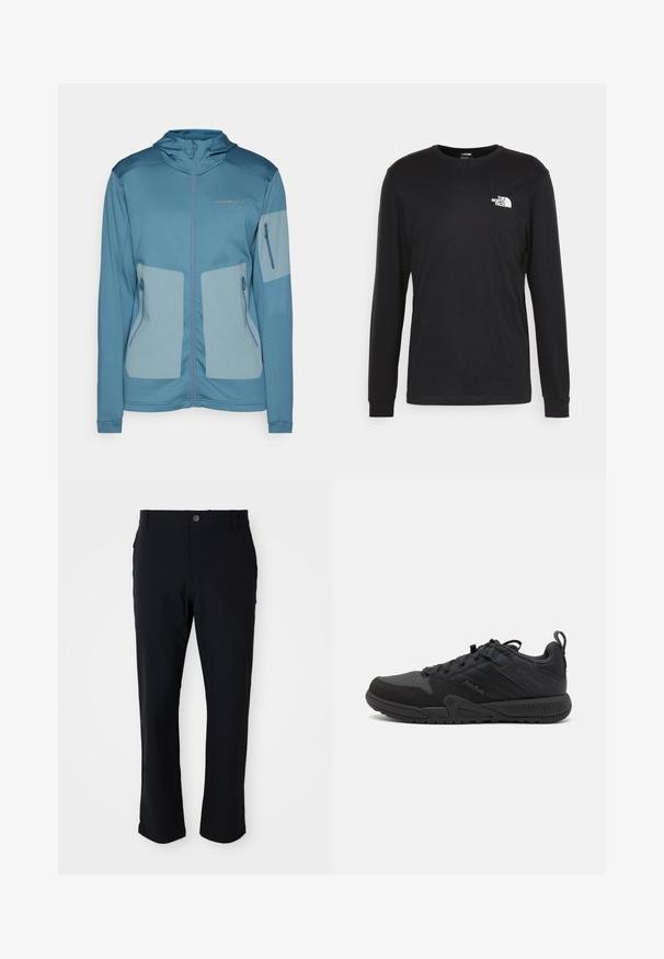 Blue jacket with a hood, featuring a lightweight fabric, zippered pockets, contrasting panels, and embossed logo on the chest.; Black long-sleeve t-shirt made of cotton, featuring a white logo on the left chest and ribbed cuffs. Smooth texture with a crew neckline.; Black trousers featuring a button closure, straight leg design, smooth texture, and side pockets, suitable for a variety of occasions.; Black athletic shoe with a mesh and suede upper, featuring reinforced areas, rounded toe, textured sole, and a pull tab at the heel.