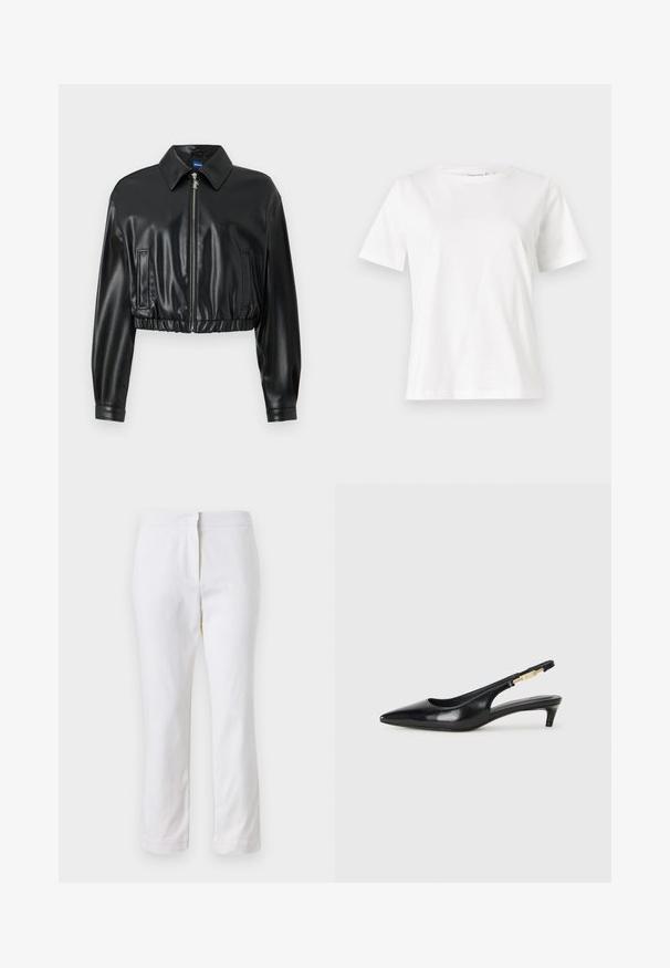 Čierna skrátená bunda vyrobená z lesklej umelej kože, s golierom, zipsom a zberaným spodkom, ktorý má dve bočné vrecká.; Biela bavlnená tričko s krátkymi rukávmi, okrúhlym výstrihom a voľným strihom. Hladká textúra, bez vzorov alebo akcentov, minimalistický dizajn.; Biele bavlnené nohavice so striedmym strihom, s pásom strednej výšky a bez viditeľných kovových prvkov alebo vzorov. Hladká textúra po celom obvode.; Čierne kožené slingback opätky s špicatou špičkou, s úzkym opätkom a zlatým detailom na nastaviteľnom remienku. Hladká textúra.