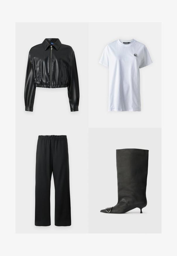 Giacca nera corta in ecopelle lucida, con colletto, chiusura con zip e orlo arricciato, dotata di due tasche laterali.; T-shirt bianco in cotone con maniche corte, scollatura rotonda e un piccolo logo nero sulla parte sinistra del petto. Tessuto liscio, vestibilità casual.; Pantaloni neri con un design a gamba larga, cintura elastica con cordoncino e tessuto liscio e leggero. Comprendono tasche laterali.; Stivaletto in pelle nera con punta affilata, tacco basso e dettaglio metallico sulla punta. Texture liscia e opaca in tutta la superficie.