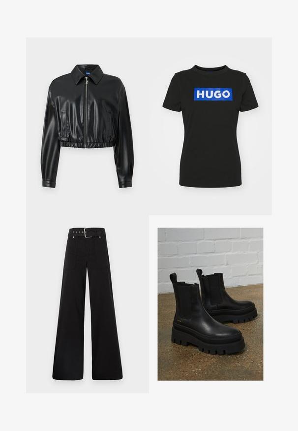 Veste noire courte en simili cuir brillant, avec un col, une fermeture éclair, et un ourlet froncé avec deux poches latérales.; T-shirt noir à manches courtes en coton, avec un grand graphique rectangulaire bleu comportant le mot "HUGO" en lettres blanches épaisses.; Pantalons larges noirs en coton, avec une taille haute, de grandes poches latérales et une taille ceinturée avec des accents en métal argenté.; Bottines en cuir noir avec des panneaux élastiques sur les côtés, semelles épaisses en plateforme noire et détails de couture, dotées d'une languette au dos pour un enfilage facile.
