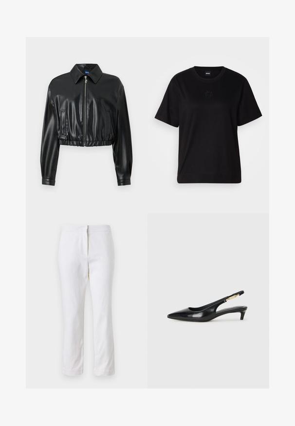 Jachetă scurtă neagră, din piele ecologică lucioasă, cu guler, închidere cu fermoar și tiv strâns, având două buzunare laterale.; T-shirt negru din bumbac, cu guler rotund, mâneci scurte și un logo brodat pe piept. Design simplu, cu o croială relaxată și fără modele.; Pantaloni din bumbac alb, cu un design drept, având talie medie și fără hardware sau modele vizibile. Textură uniformă pe întreaga suprafață.; Sandale slingback din piele neagră cu vârf ascuțit, având un toc subțire și un accent de culoare aurie pe curea ajustabilă. Textură netedă.