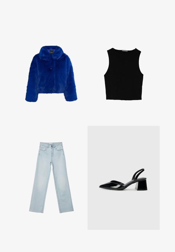 Umelá kožušinová bunda v žiarivej modrej farbe, s golierom, štyrmi prednými gombíkmi a dlhými rukávmi s krátkym strihom. Mäkká textúra po celom obvode.; Čierny bezrukávový crop top vyrobený z hladkej tkaniny, so zaobleným výstrihom a čistým, jednoduchým dizajnom bez vzorov alebo kovania.; Svetlomodré široké džíny vyrobené z denimu. Majú päť vreciek, gombíkový zips a vyblednuté detaily. Klasický rovný strih s voľným strihom.; Čierne lakované kožené sandálové podpätky s špicatou špičkou a geometrickým blokovým podpätkom. Disponujú elegantným, minimalistickým dizajnom a hladkým povrchom.