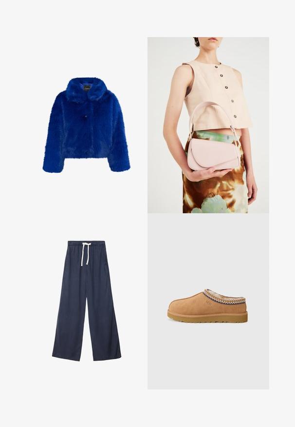 Lažna krzna jakna v živahni modri barvi, s ovratnikom, štirimi sprednjimi gumbi in dolgimi rokavi s skrajšanim krojem. Mehka tekstura po celotni jakni.; Bela bombažna majica s kratkimi rokavi in okroglo ovratnikom. Preprost dizajn, ohlapen kroj, gladka tekstura. Brez vzorcev ali vidnih poudarkov.; Mornarsko modre hlače širokih nogavic, izdelane iz mehke, teksturirane tkanine. Imajo elastičen pas z vrvico in stranske žepe.; Svetlo rjave semiš cipele na slip-on s teksturiranom vunenom podlogom i dekorativnim etno šavovima oko ovratnika. Imaju gumeni potplat.; Roza usnjena torbica s ukrivljenim poklopcem, enim naramnim trakom in čistimi linijami. Torbica se ponaša z gladko teksturo in minimalističnim dizajnom.
