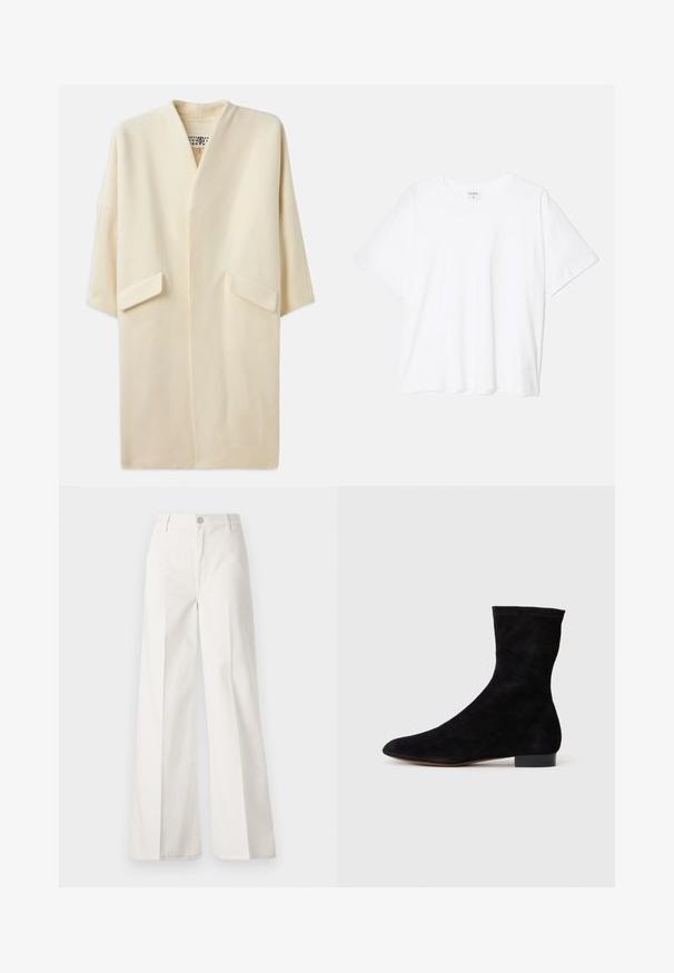 Kremno obarvan plašč srednje dolžine z sproščenim krojem, kimono rokavi in dvema sprednjima žepoma. Mehka, gladka tkanina, minimalističen dizajn.; Bela bombažna majica s kratkimi rokavi, okroglim izrezom, sproščenim krojem in šivanim robom. Oznaka vidna na notranji strani izreza.; Bele široke hlače iz bombaža z gladko teksturo. Imajo gumb spredaj, zadrgo in zasnovo z štirimi žepi.; Črne semiš gležnjarje z oblikovanim zgornjim delom, koničastim nosom in nizko blok peto. Gladka textura in minimalističen dizajn, primerna za vsestransko stiliziranje.