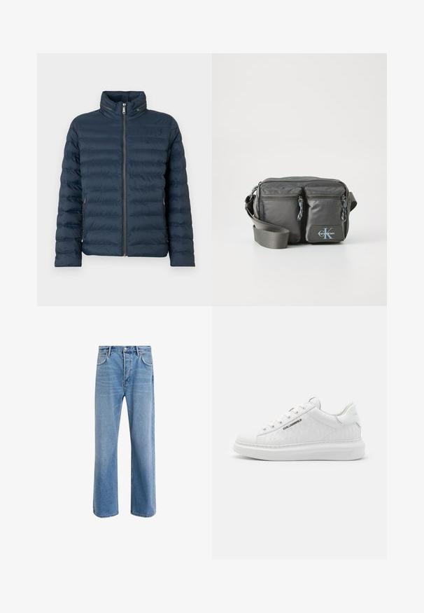 Giacca imbottita trapuntata blu navy con cerniera frontale, collo alto, tasche laterali con zip e discreto logo "ck" sul petto.; Maglione pullover blu con scollo a coste e maniche lunghe. Presenta un piccolo logo arancione sul petto a sinistra. Tessuto morbido a maglia.; Jeans in denim blu chiaro con design a gamba dritta, cinque tasche, chiusura con bottone, leggero sbiadimento e dettagli di cucitura a contrasto.; Sneaker bianca in pelle liscia con motivo in rilievo. Presenta punta tonda, chiusura con lacci e suola testurizzata. Dettaglio del logo argento sul lato.; Borsa a tracolla in nylon grigio con due tasche frontali con zip, tracolla regolabile e accentuazione del logo. Texture liscia con un design moderno.