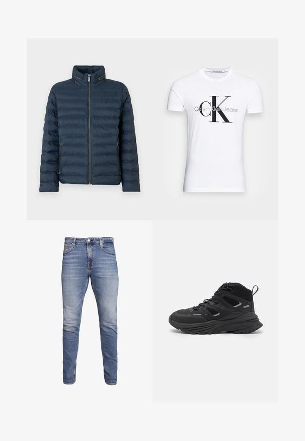Teget tešena puff jakna s prednjim patentnim zatvaračem, visokim ovratnikom, patentnim zatvaračima na bočnim džepovima i suptilnim logotipom "ck" na prsima.; Bijela pamučna majica s crnim "CK" logotipom i natpisom "Calvin Klein Jeans", kratki rukavi i klasičan okrugli izrez.; Plave slim-fit traperice s pet džepova, izblijedjeli završetak, zatvaranje na gumba i petlje za remen, prikazane na bijeloj pozadini.; Crne planinarske cipele s višeslojnim dizajnom, teksturiranom tkaninom i gumenenim potplatom, s ojačanim dijelovima i vezicama sprijeda.