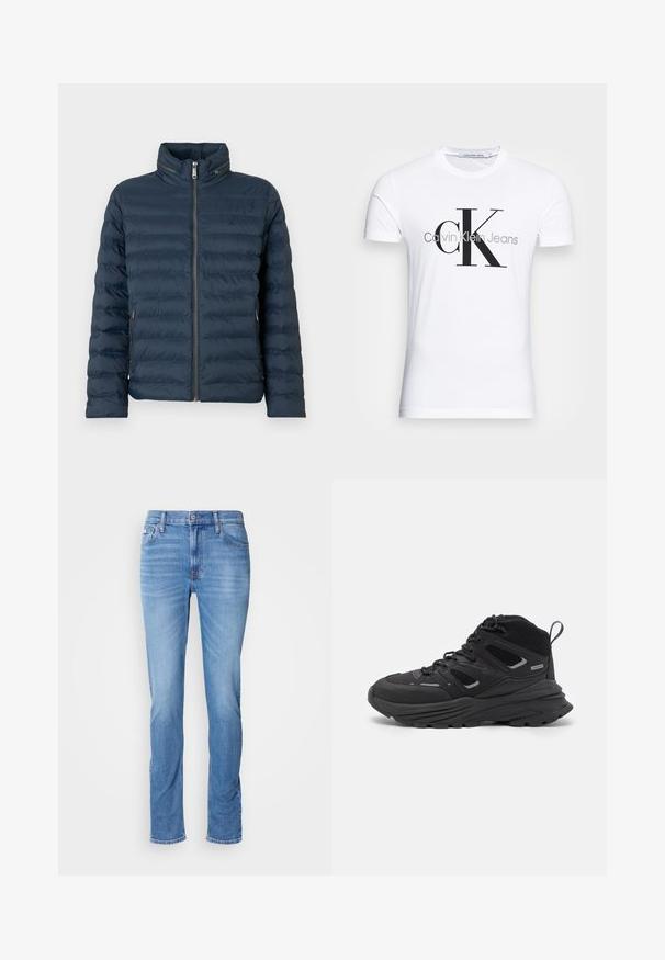 Tummansininen tikattu toppatakki, jossa on etuvetoketju, korkea kaulus, vetoketjulliset sivutaskut ja hillitty "ck"-logo rinnassa.; Valkoinen puuvillateeppari, jossa on musta "CK"-logo ja "Calvin Klein Jeans" -teksti, lyhyet hihat ja klassinen pyöreä kaula-aukko.; Vaalean siniset slim-fit farkut, joissa on etuvetoketju ja nappikiinnitys, viisi taskua sekä hienovarainen haalistuminen reisiä ja polvia kohdalla.; Mustia vaeltajakenkiä, joissa on kerroksellinen muotoilu, teksturoitu kangas ja kumipohja. Kenkien vahvistettuja alueita ja nauhakiinnitys edessä.