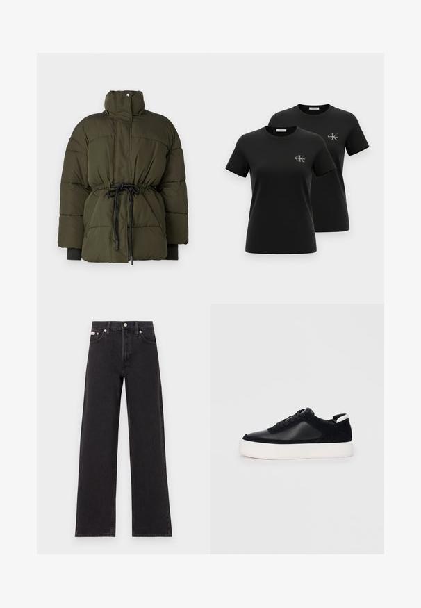 Tumedast rohelisest kangast täispuhutud jakk, millel on kokkusurutud talje, kõrge krae ja elastsed mansetid. Talje juures on reguleeritav nöör.; Kaks musta lühikese varrukaga ümara kaelusega T-särki, millel on vasakul rinnal väikesed hallid "CK Calvin Klein" logod, esitatuna valgel taustal.; Mustad laiad mustad teksad, millel on kõrge vöökoht, viie tasku stiil ja metallist nööpkinnitus kontrastsete õmblustega.; Mustad mustad spordijalanõud siledast nahast ja sametist paneelidega, lame nööriga, ümar varvas ja valge kummist tallaga. Erakordne logo kontsas.