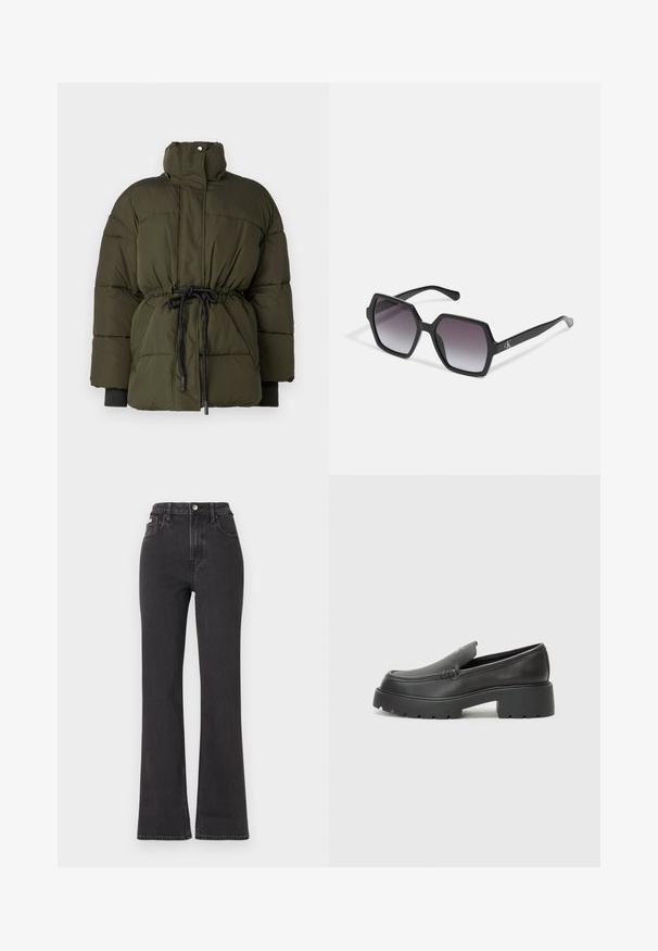 Casaco puffer em tecido verde escuro com cintura ajustada, gola alta e punhos elásticos. Possui um cordão na cintura para ajustabilidade.; T-shirt de algodão branco com mangas curtas, decote redondo e um corte descontraído. Textura suave, sem padrões ou detalhes, design minimalista.; Jeans flared pretos de cintura alta feitos de denim, com fecho de botão, passadores para cinto e bolsos laterais. Textura suave com desbotamento mínimo.; Mocassins de couro preto com bico arredondado, sola espessa e texturizada, e detalhes de costura minimalistas. Design elegante sem atacadores ou ferragens visíveis.; Óculos de sol hexagonais pretos com lentes degradê, apresentando um acabamento brilhante e uma marcação subtil na têmpora. Construção em plástico durável.