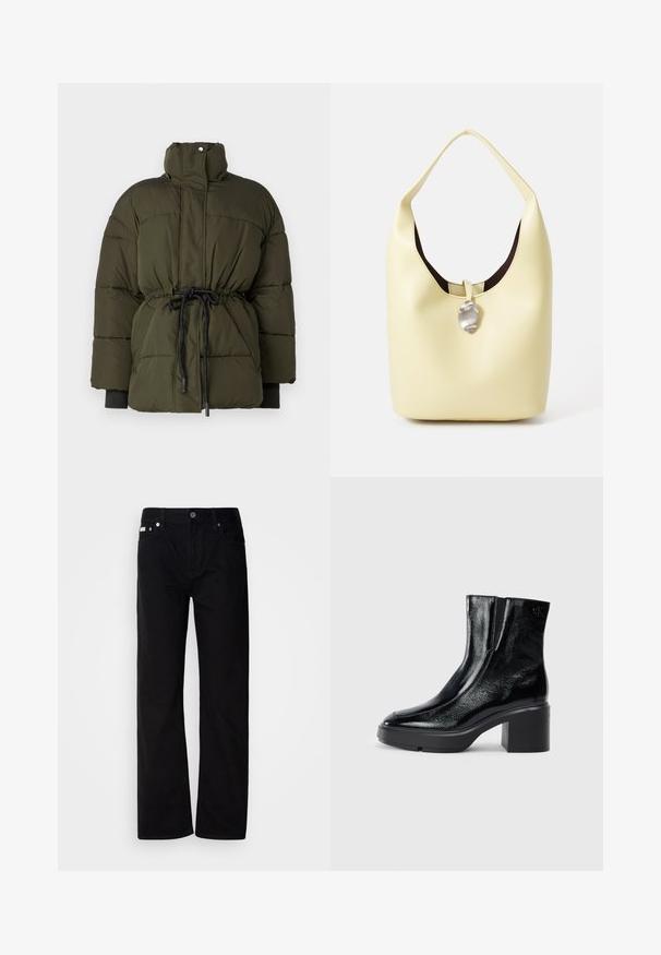 Kurtka puchowa w ciemnozielonym kolorze z wcięciem w talii, wysokim kołnierzem i elastycznymi mankietami. Posiada sznurek w talii do regulacji.; Czarna bawełniana koszulka z okrągłym dekoltem, krótkimi rękawami i niebieskim haftowanym logo "Calvin Klein JEANS" z przodu.; Czarne dżinsowe spodnie straight-leg z pięcioma kieszeniami, srebrnymi nity i zapięciem na guziki. Materiał ma gładkie, lekko teksturowane wykończenie.; Czarne lakierowane botki za kostkę z zaokrąglonym noskiem, elastycznymi panelami bocznymi i masywnym obcasem blokowym. Posiadają wytłoczone logo z tyłu.; Torba typu hobo w miękkiej żółtej skórze o zaokrąglonym kształcie. Posiada gładkie wykończenie, ciemne wnętrze oraz srebrny akcent przy zapięciu.