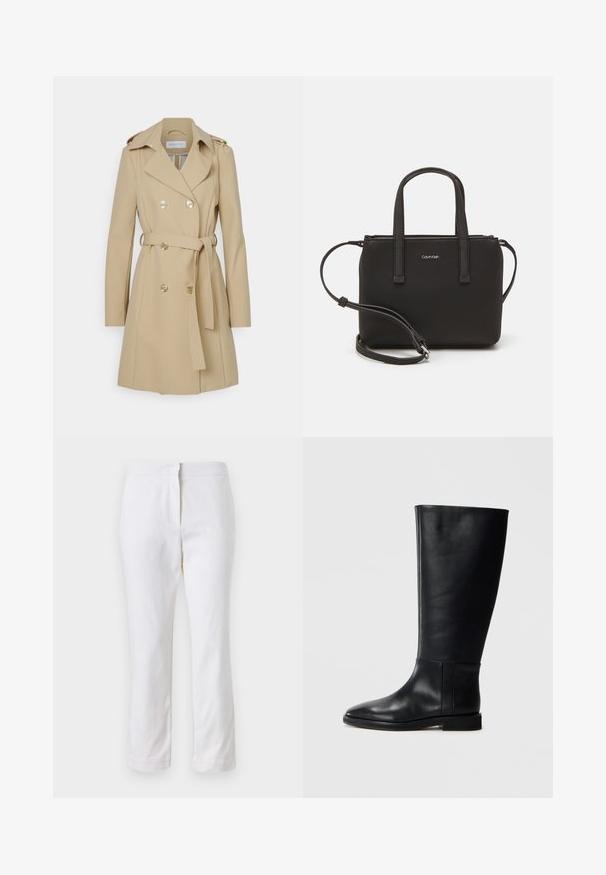 Patrizia Pepe Šineļveida mētelis - triking beige; Baltas kokvilnas T-krekls ar īsām piedurknēm, apaļu kakla izgriezumu un brīvu piegriezumu. Gluda tekstūra, bez rakstiem vai akcentiem, minimālistisks dizains.; Baltas kokvilnas bikses ar taisnu kāju dizainu, ar vidēju augstumu un bez redzamām detaļām vai rakstiem. Visā virsmā ir gluda tekstūra.; Melnas ādas līdzceļgala zābaki ar noapaļotu pirkstu, gludu tekstūru, minimālistisku dizainu un plakanu zoli. Vienkāršas šuvju detaļas uz zābaku augšdaļas.; Melns roku soma ar divām īsām rokturiem un noņemamu plecu siksnu. Gluda ādas līdzīga materiāla ar rāvējslēdzēja aizdari un logos detaļu.