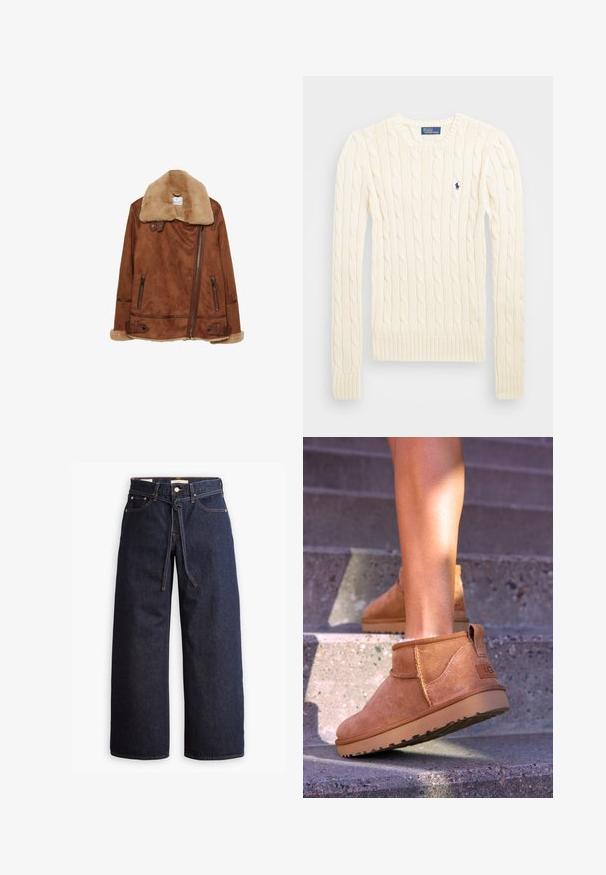 Veste de biker en suede marron avec col et poignets en shearling beige, fermeture éclair asymétrique, poches zippées et sangles à boucle au bas.; Pull en maille torsadée crème avec manches longues, poignets et ourlet côtelés, présentant un petit logo brodé sur la poitrine gauche.; Jeans en denim bleu foncé à jambes larges, avec une taille haute, dotés d'un lien à cordon, de cinq poches et de détails de couture contrastants.; Bottines en suede beige avec une texture douce, des détails cousus et une semelle en caoutchouc, dotées d'un talon en boucle pour un enfilage facile.