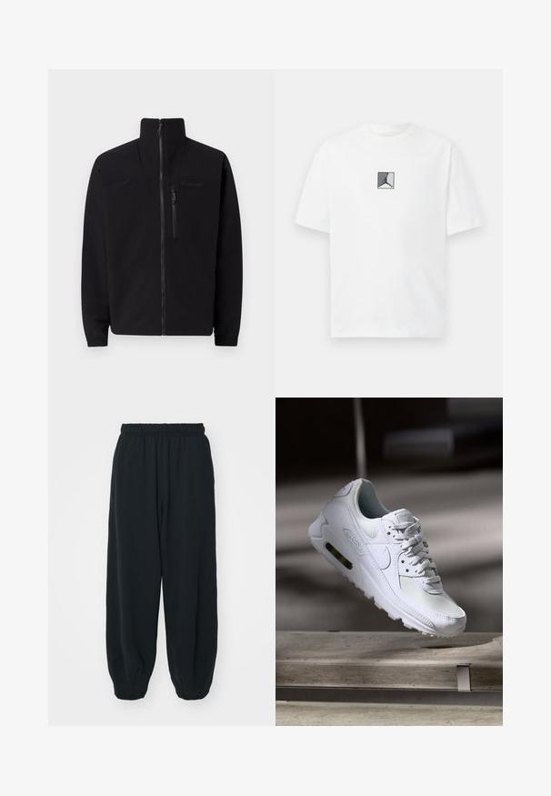 Crna softshell jakna s uspravnim ovratnikom, prednjim patentnim zatvaračem i patentnim džepom na prsima. Ima elastične manžete i glatku teksturu.; Bijela pamučna majica s središnjim crno-sivim logotipom. Klasičan okrugli izrez i kratki rukavi s opuštenim krojem.; Crne, dukserice s elastičnim strukom, širokog kroja, s manžetama na gležnjevima, glatke teksture i bez vidljivih uzoraka ili metalnih detalja.; Bijela Nike Air Max 90 tenisica s gornjim dijelom od mrežice i kože, perforiranim prstima i vidljivom zračnom jedinicom u peti.