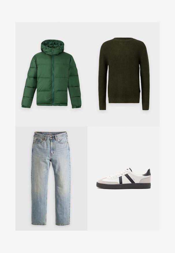 Roheline pehmendusega jakk kapuutsiga, millel on ees lukuga sulgemine, nupud ja tikand, pakkudes soojendust. Sile tekstuur.; Oliivroheline kootud sviiter ümmarguse kaeluse, pikkade varrukate ja soonikdetailidega. Omab tekstureeritud mustrit ja lõdva istuvust.; Heledad hele sinine teksapükste kõrge vöökoht, ees nupuga, lukuga ja viie taskuga disain, asetatud tasasele neutraalsele taustale.; Valged tossud mustade ja hallide aktsentidega, tekstureeritud halli varbakattega, musta kummitald ja lamedad valged paelad. Puhtad jooned, minimalistlik stiil.