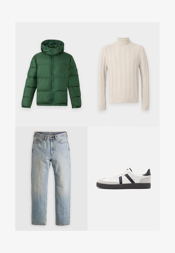 Zöld, párnázott dzseki kapucnival, elülső cipzárral, gombzárakkal és steppelt dizájnnal a szigetelésért. Sima textúra.; Beige, kötött pulóver magas, bordázott garbónyakkal. Texturált fonott minta és bordázott mandzsetta valamint alj jellemzi, ami kényelmes megjelenést kölcsönöz.; Világoskék farmernadrág magas derékkal, elülső gombbal, cipzárral és öt zsebbel, sima háttérre fektetve.; Fehér sneaker fekete és szürke részletekkel, textúrált szürke orr résszel, fekete gumitalppal és lapos fehér fűzőkkel. Tiszta dizájn, minimalista stílus.