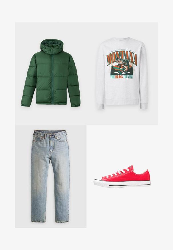 Giacca imbottita verde con cappuccio, dotata di zip frontale, bottoni e design trapuntato per isolamento. Texture liscia.; Felpa grigio chiaro con una grande grafica di un pesce saltante, montagne e alberi, con il testo "Montana The Big Country" in arancione e verde.; Jeans in denim azzurro chiaro con vita alta, bottone anteriore, cerniera e design a cinque tasche, adagiati su uno sfondo neutro.; Sneaker di tela rossa con punta in gomma bianca e suola. Presenta cinque coppie di occhielli bianchi, una striscia laterale nera e una superficie texturizzata.