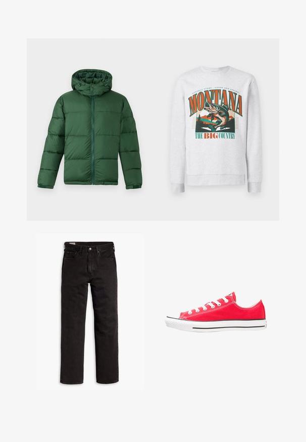 Jachetă verde căptușită cu glugă, având fermoar pe față, închidere cu butoane și un design matlasat pentru izolație. Textură netedă.; Hanorac gri deschis cu un grafic mare reprezentând un pește sărind, munți și copaci, cu textul "Montana The Big Country" în portocaliu și verde.; Jeans din denim negri cu picior drept, cu cinci buzunare, închidere cu nasture și bucle pentru curea, așezați plat pe un fundal alb.; Tenisă roșie din pânză cu vârf și talpă din cauciuc alb. Dispune de cinci perechi de gauri albe pentru șireturi, o dungă neagră pe lateral și o suprafață texturată.