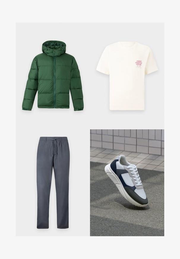 Green padded jacket with a hood, featuring a front zipper, button closures, and a quilted design for insulation. Smooth texture.; White short-sleeve T-shirt with red text "Studio Originals Edition" on left chest, displayed on a neutral gray background.; Gray trousers made from smooth fabric, featuring a drawstring closure and side pockets. Straight-leg design with a clean finish.; White, navy, and gray sneaker with a mixed material design, featuring a textured upper, flat laces, and a cushioned sole.