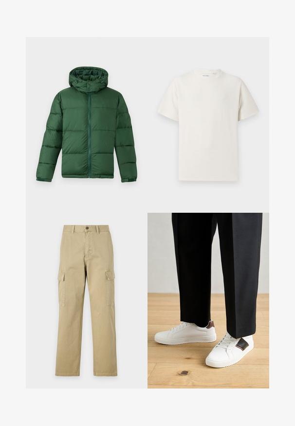 Grønn polstret jakke med hette, med glidelås foran, knappelukking og kviltet design for isolasjon. Glatt tekstur.; Hvit T-skjorte med kort erm i ribbestrikket tekstur. Rund hals, avslappet passform, ingen synlige mønstre eller detaljer. Enkelt og allsidig design.; Beige cargo bukser laget av bomull, med to sidelommer, knappelukking, og rette ben med et lett strukturert stoff.; Hvite sneakers med glatt tekstur, med brune skinnakenter og svart detaljer, parret med svarte skreddersydde bukser. Bakgrunn med tregulv.
