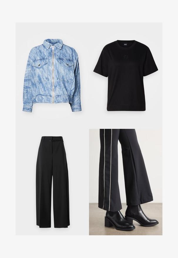 Light blue denim jacket with a zip front, two chest pockets, and a collar. Features a textured fabric with a faded wash and stitch detailing.; Black cotton t-shirt with a crew neckline, short sleeves, and an embroidered logo on the chest. Simple, relaxed fit with no patterns.; Black wide-leg trousers with a high waist and a belt. Features a smooth texture and clean lines, designed for a relaxed fit.; Black leather ankle boots with a block heel, featuring elastic side panels. Paired with black pants that have a white side stripe.
