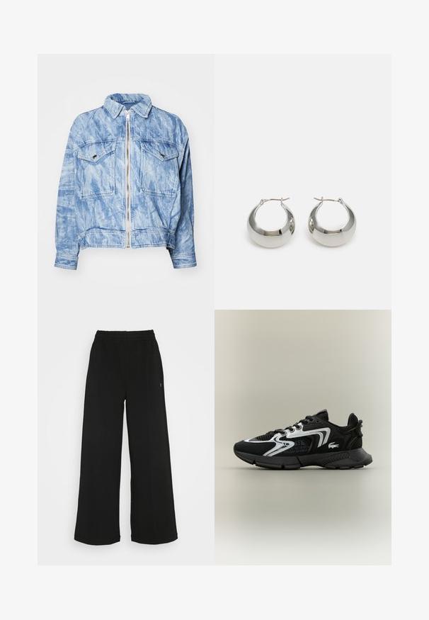 Lys blå denimjakke med glidelås foran, to brystlommer og krage. Har et teksturert stoff med en falmet vask og sømdetaljer.; Hvit bomull T-skjorte med rund hals og korte ermer. Har en grønn brodert logo på brystet. Myk tekstur, avslappet passform.; Svarte vide bukser med elastisk midjebånd. Laget av et mykt og lett materiale. Har vertikale sømmer langs fronten.; Svarte sportsko med nettpaneler, sølvdetaljer og teksturerte svarte overlegg. Har lisser og en buet, robust såle.; Sølvmetalløreringer med en glatt, skinnende overflate og et strukturert, rundet design. Har en hengslet lås for sikker bruk.