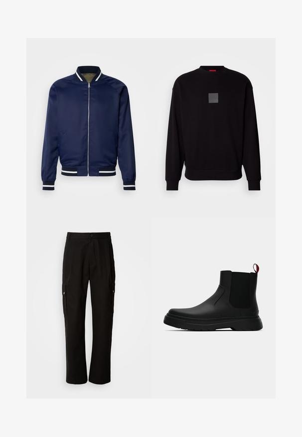 Giubbino bomber della Marina realizzato in tessuto liscio; presenta polsini e colletto striati bianchi e blu navy, chiusura con zip frontale e tasche laterali.; Felpa nera con maniche lunghe, scollatura rotonda, logo quadrato grigio sul davanti, texture morbida e polsini e orlo a coste.; Pantaloni cargo neri in cotone con vestibilità comoda, dotati di tasche laterali, chiusura a bottone e gambe dritti. Design semplice senza motivi.; Stivale alla caviglia nero con finitura liscia, pannelli laterali elastici e un tab di presa rosso a contrasto, dotato di una suola in gomma spessa e punta arrotondata.