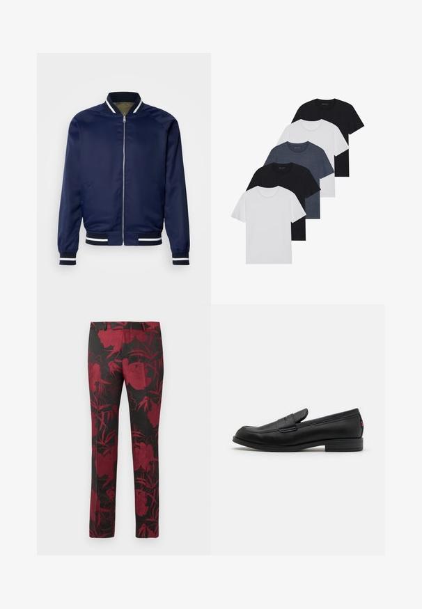 Mornarska bombarder jakna izrađena od glatkog materijala; sadrži bijele i mornarskoplave pruge na rukavima i ovratniku, predni zip i bočne džepove.; Set od pet majica u crnoj, bijeloj i tamnoplavoj boji. Pamuk, kratki rukavi, kružićasti izrez i jednolična tekstura bez uzoraka.; Crne hlače s cvjetnim uzorkom u tamnocrvenoj boji, glatke teksture i kroja poput tailored fit. Standardni pojas i dizajn ravnog figura.; Crne kožne mokasine s glatkom površinom, zaobljenim vrhom i malim dekorativnim preklopom. Imaju nisku složenu petu i suptilni detalj s brandom.