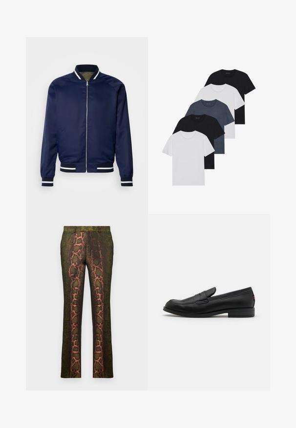 Laivaston pommitustakki valmistettu sileästä kankaasta; siinä on valkoiset ja laivaston siniset raidalliset hihansuut ja kaulus, vetoketjusuljenta ja sivutaskut.; Viisi t-paitaa mustana, valkoisena ja tummansinisena. Puuvillakankainen, lyhyet hihat, pyöreä kaula-aukko ja yksinkertainen pinta ilman kuvioita.; Vihreät kuvioidut housut, joissa on käärmeennahkakuosiset ruskean ja oranssin sävyt, suorat lahkeet ja sileä pinta.; Mustat nahkaloafersit, joissa on sileä pinta, pyöreä kärki ja pieni koristeellinen läppä. Varustettu matalalla pinotulla korolla ja huomaamattomalla brändityksellä.